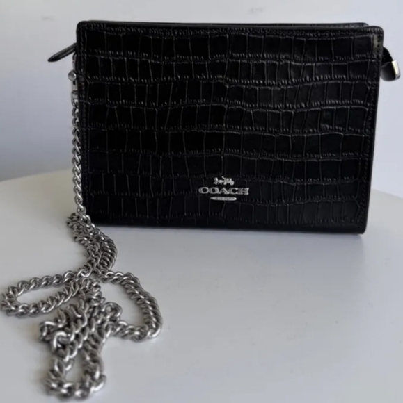Coach Slim Black Croc Embossed Crossbody Bag NWT - Picture 1 of 9